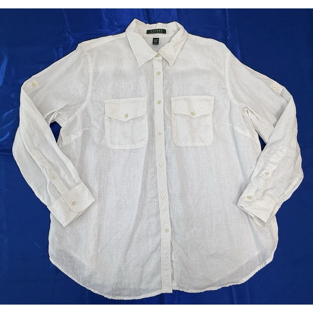 Lauren Ralph Lauren Women's 1X / XL White Linen Long Roll Sleeve Button-Up Shirt - Picture 1 of 7